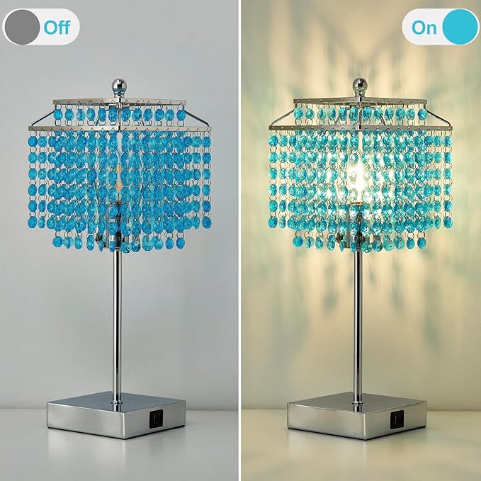 Luvkczc Crystal Table Lamp with Touch Control, Bedside Crystal Table Lamp with USB C+A Ports, 3-Way Dimmable Lamp with Crystal Shade for Girls Bedroom, Living Room, Light Blue & B11 LED Bulb Included