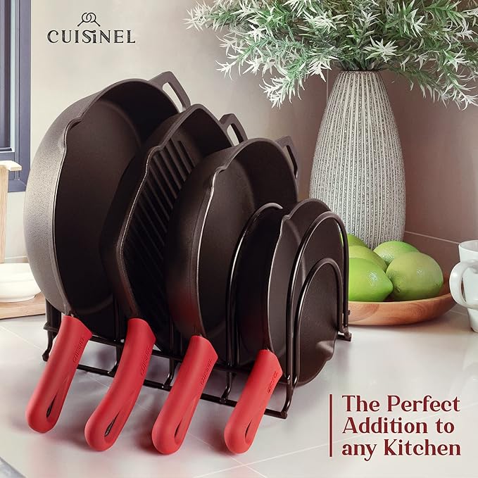 Cuisinel Pots and Pans Organizer Rack - Heavy Duty 60-LBS Capacity - 6mm Thick - Made in India - Matte-Black 12.2"-Tall 5-Tier Space-Saving Kitchen Storage for Cast Iron Cookware, Skillet, Dish, Plate