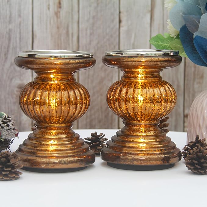 Mercury Glass Pillar Candle Pedestal Holders with Lights Set of 2,Candle Holder for Pillar Candle,Candlestick Holders,Perfect Decoration for Wedding Home Dining Table Xmas(Chocolate)