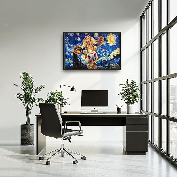 Flintis Large Cow Wall Art Starry Sky Night Cow Pictures Wall Decor Abstract Animal Canvas Painting Print Artworks Decorations Framed for Living Room Bathroom Master Bedroom Office 36L x 24W