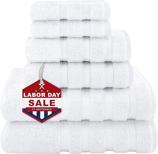 American Soft Linen Luxury 6 Piece Towel Set, 2 Bath Towels 2 Hand Towel 2 Washcloths, 600 GSM 100% Cotton Turkish Towels for Bathroom, White Towel Sets