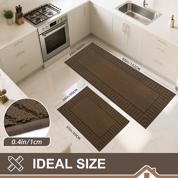 BEQHAUSE-Kitchen-Rugs-Anti-Slip-Kitchen-Mats-for-Floor Absorbent Kitchen Mat Set of 2 Washable Kitchen Runner Rug with TPR Non Skid Backing,Brown 24x35inch/24x60inch