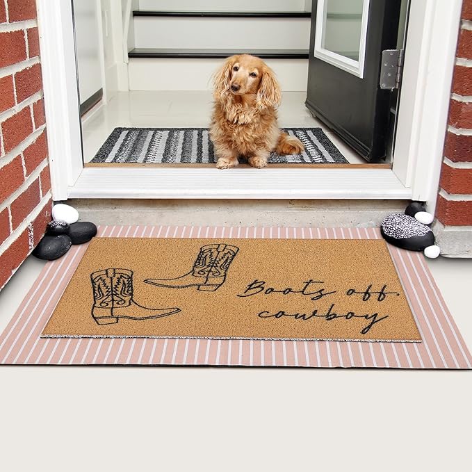 2 Pcs Fall Door Mat Western Cowboy Welcome Non Slip Coir Mats Pink Stripe Floor Layering Doormats Seasonal for Front Porch Entryway Decor(Cowboy)