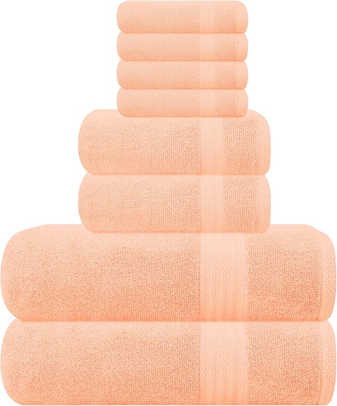 GLAMBURG Ultra Soft 8-Piece Towel Set - 100% Pure Ringspun Cotton, Contains 2 Oversized Bath Towels 27x54, 2 Hand Towels 16x28, 4 Wash Cloths 13x13 - Ideal for Everyday use, Hotel & Spa - Peach