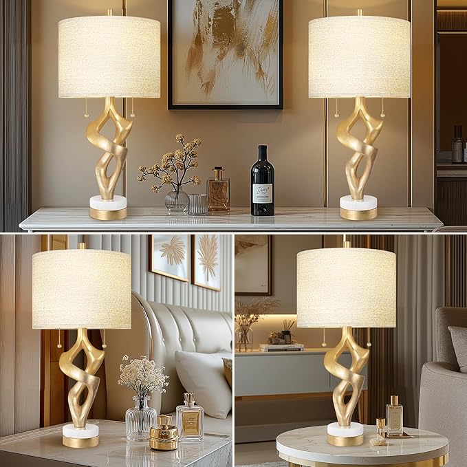 Scenekoy Sculptural Table Lamp Set of 2 with USB Ports for Bedroom Living Room, 26” Gold Leaf Marble Base Bedside Lamps, Pull Chains Switch Modern Nightstand Lamp for Home Room Decor (Bulbs Included)