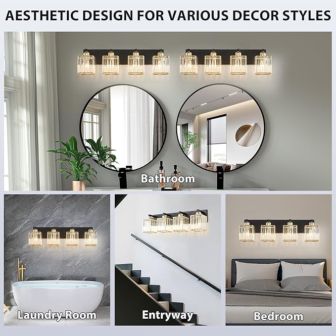 Bathroom Vanity Light Fixtures Over Mirror - Makeup Lighting Black Gold - for Modern Wall, Bath, Desk, Farmhouse, Hallway 4 Crystal Lights