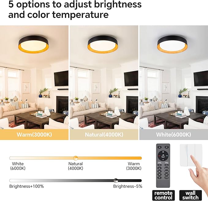 12 Inch LED Flush Mount Ceiling Light with Remote, 18W Flush Mount Light Fixture in Balck and Wood Finish, Dimmable Ceiling Light for Bedroom, Hallway, Entryway, Bathroom, Kitchen