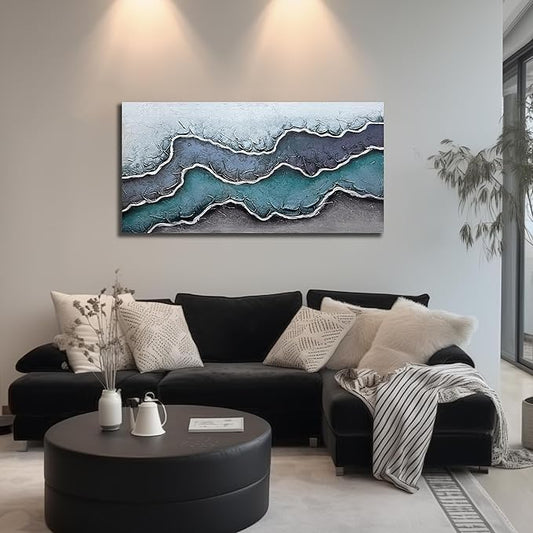 Beach Theme Painting Wall Art for Living Room Blue and White Canvas Wall Art for Office Hand Painted Wall Decor for Dining Room Size 20 x 40 Inch