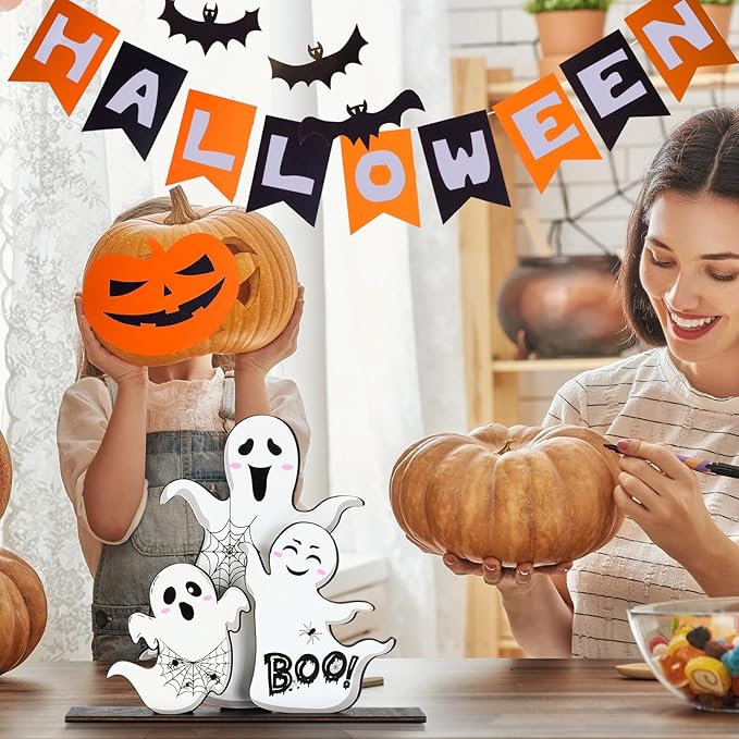 Halloween Ghost Table Decorations Cute Ghost Decor Indoor Halloween Wooden Table Centerpieces Farmhouse Boo Signs Tiered Tray Decor for Party Desk Home Living Room