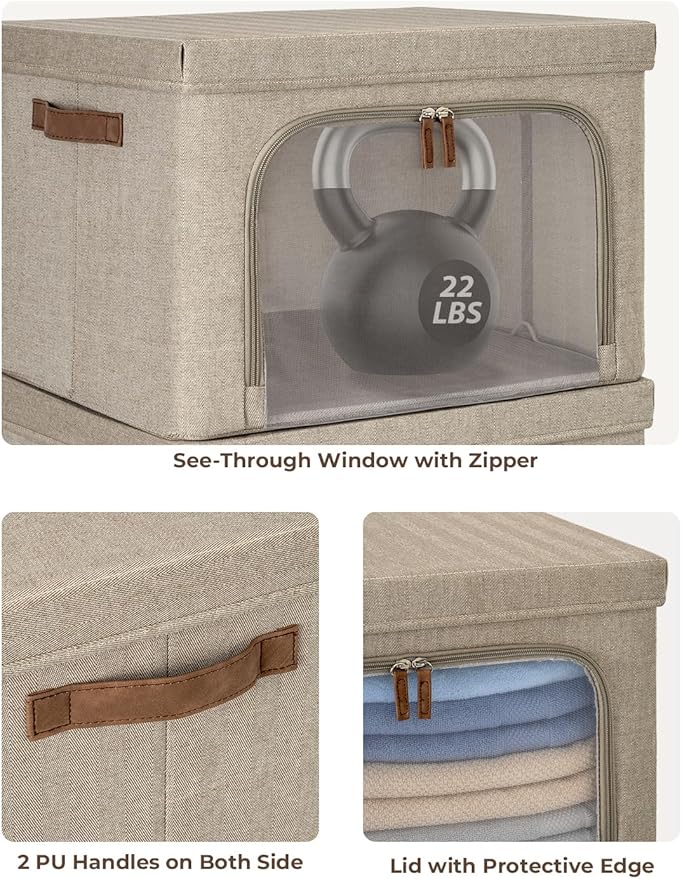 StorageWorks Storage Bins with Lids, Decorative Boxes with Clear Window for Clothes, Fabric Collapsible Baskets for Closet Organization, Large, Brown, 3 Packs