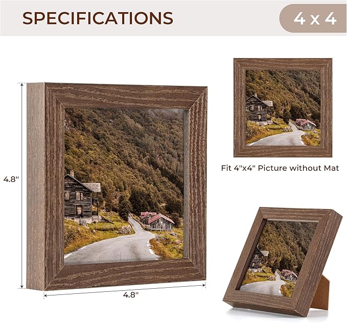 Fun Memories 4x4 Picture Frame, Solid White Oak Wood Frame 4 by 4, 4 x 4 Square Photo Frame with Tempered Real Glass, Rustic Wooden Frame 4"" x4 for Wall & Tabletop Display, Walnut Color, Set of 4