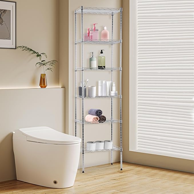 BestOffice | 6-Tier Wire Storage Shelves | 17x12x64 | Chrome | with Adjustable Racks | Heavy-Duty Metal Shelf, Holds Upto 600 lbs | No-Tool Assembly | Ideal for Home & Garage Shelving