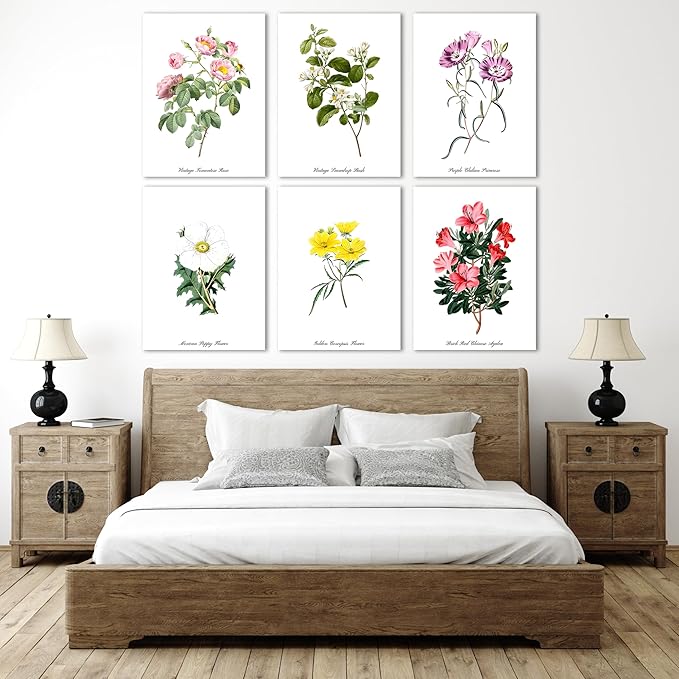 COSCTOR Set of 6 Botanical Floral Wall Art Decor Vintage Flower Market Canvas Framed 6 Pieces Green Plant Sage Minimalist for Bedroom Living Room Bathroom Hallway Home Decoration(Framed, 12x16)