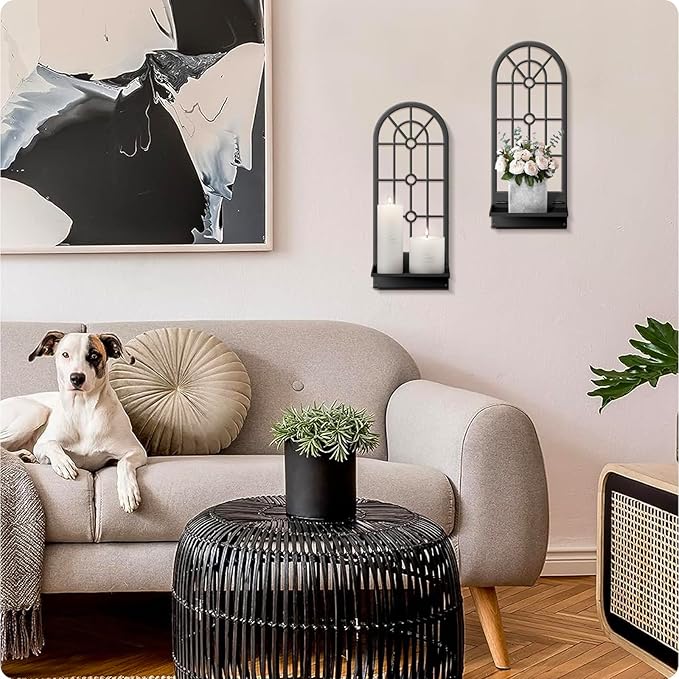 Wall Candle Holder, Black Boho Metal Wall Art Decor, Bohemian Line Wall Candle Holder for Living Room, Dining Room, Bedroom, Bathroom (16.5 x 7 in)