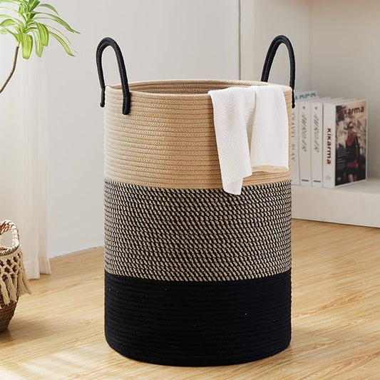 Fiona's magic 58L Large Woven Laundry Hamper, Tall Cotton Rope Laundry Basket, Boho Storage Basket for Blankets, Toys and Clothes Hamper for Bedroom and Living Room Organizing, Brown & Black