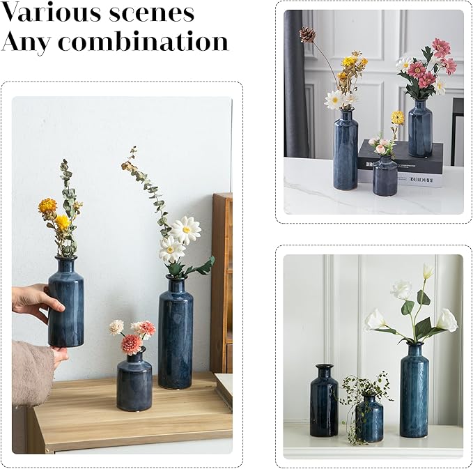 Blue Ceramic Vase Set of 3 Small Vases, Modern Farmhouse for Home Decor Bottles, Rustic Terracotta Vase Decorative Vases for Table,Fireplaces Decor, Bookshelf, Living Room