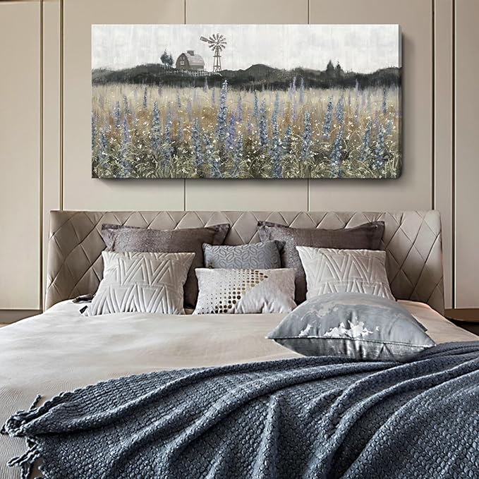 Large Canvas Wall Art for Living Room Rustic Countryside Scenery Vintage Farmhouse Print Painting Nature Wilderness Landscape Wildflower Field Meadow Picture Classical Framed Artwork 30x60inch
