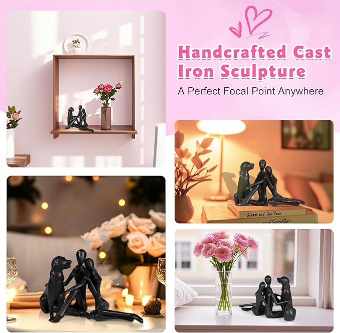 Sweet Couple & Dog Statue Cast Iron Sculpture Decor, Wedding Anniversary Love Gifts for Couple Women Men Wife Husband Her Him Girlfriend Boyfriend, for Wife Husband Birthday