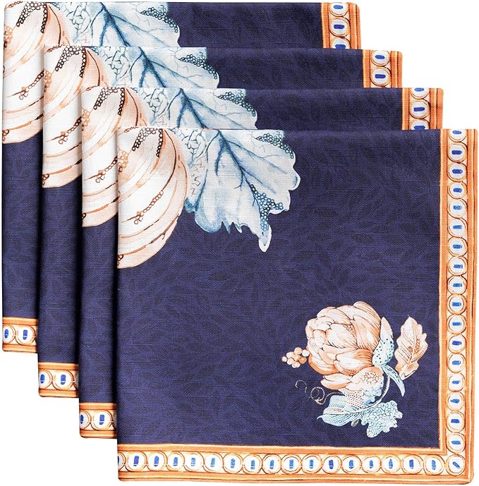 Maison d' Hermine Cloth Napkins Set of 4 100% Cotton Everyday Reusable Square Napkins Cloth Washable, Dinner, Party, Wedding, Restaurant (Pumpkin Blues, 20" x 20")
