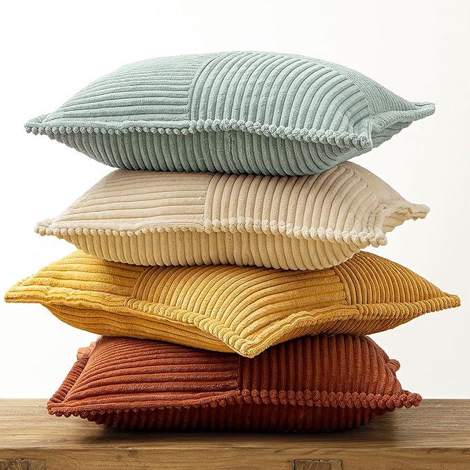 MIULEE Fall Teal-Orange Decorative Throw Pillow Covers 20x20 Inch 4 Packs Soft Boho Farmhouse Pillow Cases Modern Corduroy Patchwork Cushion Covers for Couch Sofa Bed with Flange Edge Home Decor