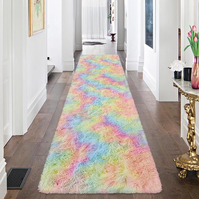 Fluffy Rainbow Rug for Girls Bedroom 2x8 Feet Kawaii Tie Dye Area Rug Colorful Unicorn Runner Rug for Kids Teens Nursery Baby Princess Room Living Room Home Decor Carpets