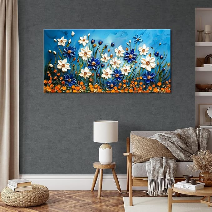 ZESTFLICKR Daisy Canvas Wall Art Daisies Flower Oil Painting Print Modern Floral Canvas Painting Artwork Nature Painting for Living Room Bedroom Home Office Kitchen Decoration (28x58 inches)