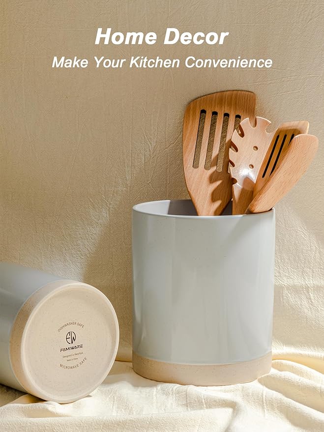 famiware Milkyway Kitchen Utensil Holder for Countertop, 7.2"+5.8" Ceramic Cooking Utensil Crocks for Counter, Utensil Organizer for Spatula & Spoon, Kitchen Decor, Set of 2, Light Gray