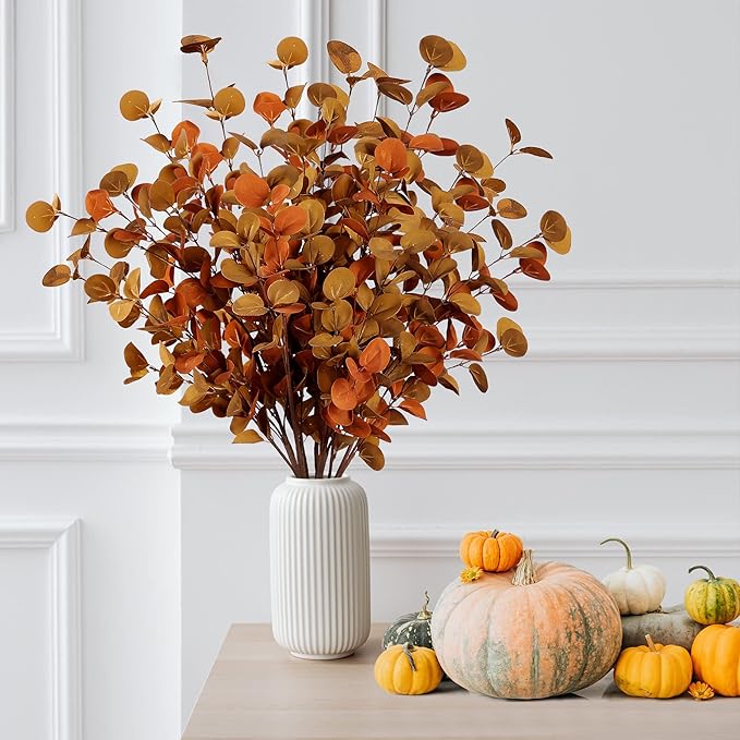 Sggvecsy 6 Pcs Artificial Eucalyptus Stems Fall Eucalyptus Leaves Autumn Leaf Branches Fall Decorations with Foam Fall Leaves for Home Floral Arrangement Autumn Festival Thanksgiving Decor