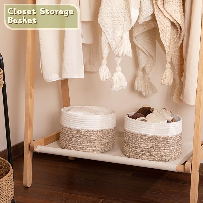 OIAHOMY Small Storage Baskets for Organizing,Closet Cube Shelf Storage, 9.8”×9.8”×7.1”, Woven Cotton Rope Gift Baskets for Nursery,Cute Dog Toy bins, Round 3 Packs, White & Brown