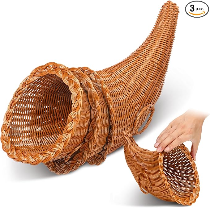 Dandat 3 Pcs Fall Cornucopia Basket 13.78 Inch Thanksgiving Horn of Plenty Autumn Table Decoration Harvest Cornucopia for Thanksgiving Table Centerpieces Fall Party Decorations
