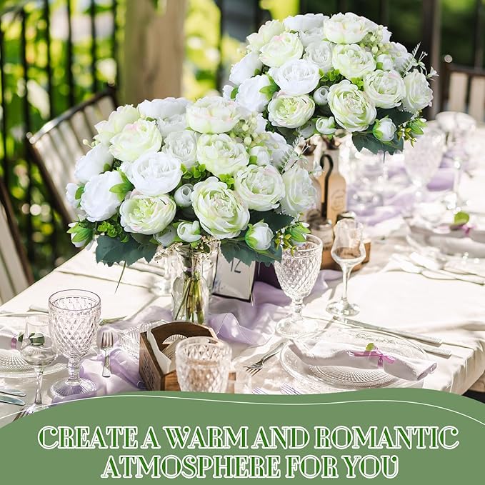 Geosar 8 Bundles Artificial Peonies Flowers Fake Silk Peony Bouquet Faux Peonies Flowers Bulk for Decoration Vase Florals Arrangements Wedding Party Table (White,Green)