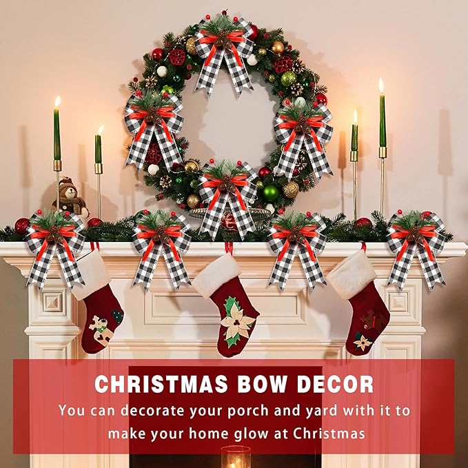 Syhood 6 Pcs Christmas Bows with Pine Cones Pine Needles Xmas Plaid Bows Black White Ribbon Christmas Tree Wreath Decoration for Xmas Parties Indoor Outdoor Crafts DIY Decor