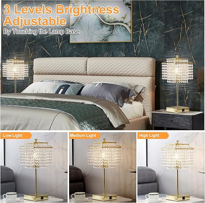 Luvkczc Set of 2 USB Bedside Crystal Table Lamp Gold, Touch Control Lamp, 3-Way Dimmable Lamp with Crystal Shade for Bedroom, Living Room, 6W LED Bulb Included