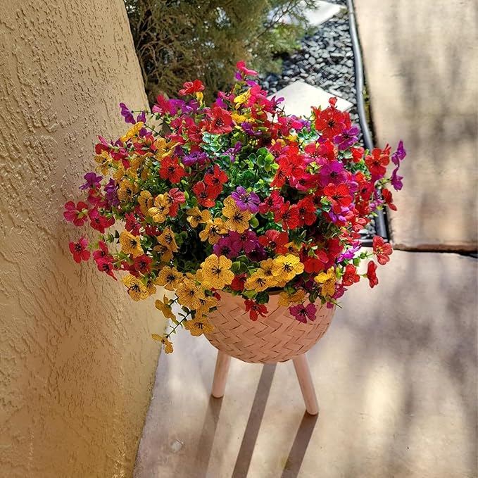 Artificial Flowers for Outdoor Indoor Garden Home Decoration, Faux Flower Daisy with Eucalyptus Leaves Fake Plants Greenery Boxwood Porch Patio, 12 Bundles (Mix Red Purple Yellow Fuchsia)