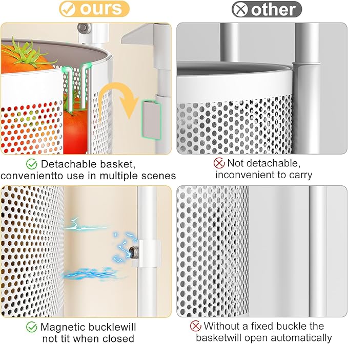 SNTD Fruit and Vegetable Basket Bowls for Kitchen with Metal Top Lid, 5 Tier Rotating Storage Rack Cart for Potato Onion Banana, Wire Basket Organizer on Wheels, Large (White)