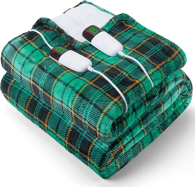 Heated Electric Blanket Queen Size, 84X90 Christmas Blanket With Dual Control&10 Heats Levels&Timer For Bed,Green Plaid Sherpa Heating Blankets Queen Warmer Gift for Grandma Women Adults, Washable,ETL