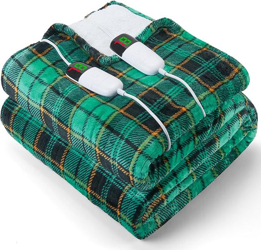 Heated Electric Blanket Queen Size, 84X90 Christmas Blanket With Dual Control&10 Heats Levels&Timer For Bed,Green Plaid Sherpa Heating Blankets Queen Warmer Gift for Grandma Women Adults, Washable,ETL