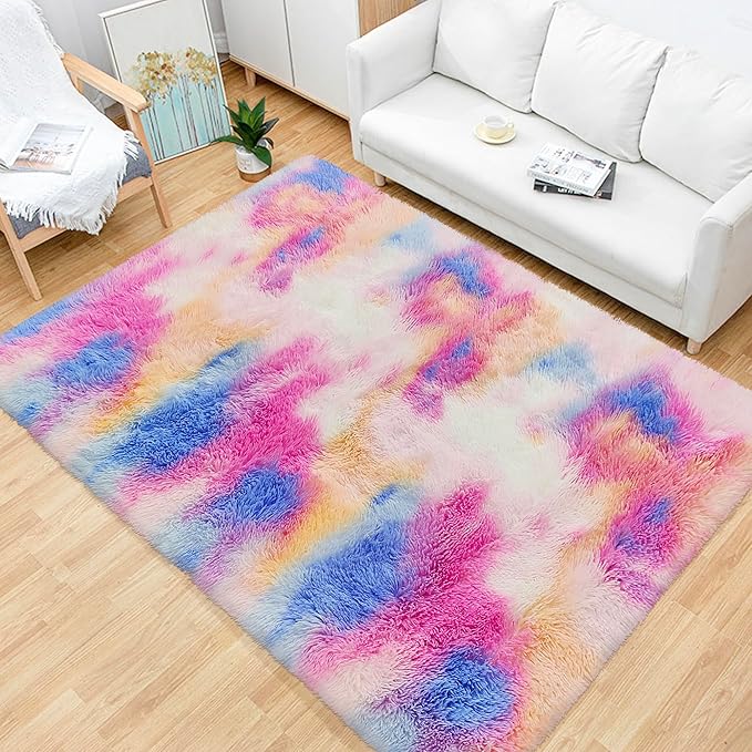 Fluffy Colorful Rug for Bedroom Girls 4x6 Kawaii Rainbow Tie Dye Area Rug Fuzzy Indoor Floor Unicorn Rug for Living Room Kids Nursery Baby Princess Room Dorm Home Decor Aesthetic Carpets