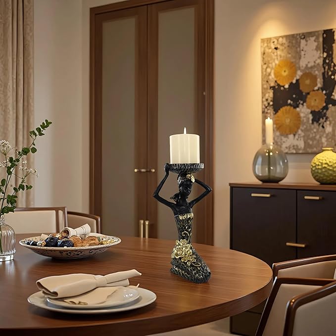 African Lady Figurine Candle Holder with African Tribal Totem for Wedding,Church,Holiday Decor-African Decorative Women Statues, Candlestick Holder for Home and Table Decor(404-Black)