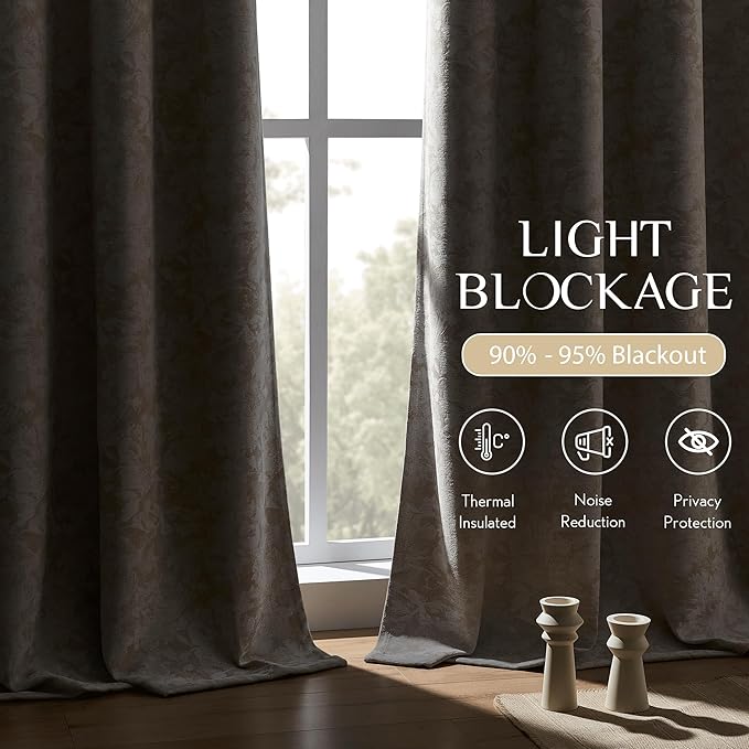 Beauoop Beige Floral Jacquard Blackout Curtains 72 Inches Long 2 Panels for Bedroom Living Room Taupe Flower Chenille Room Darkening Thermal Insulated Soundproof Grommet Window Treatments Drapes 52x72