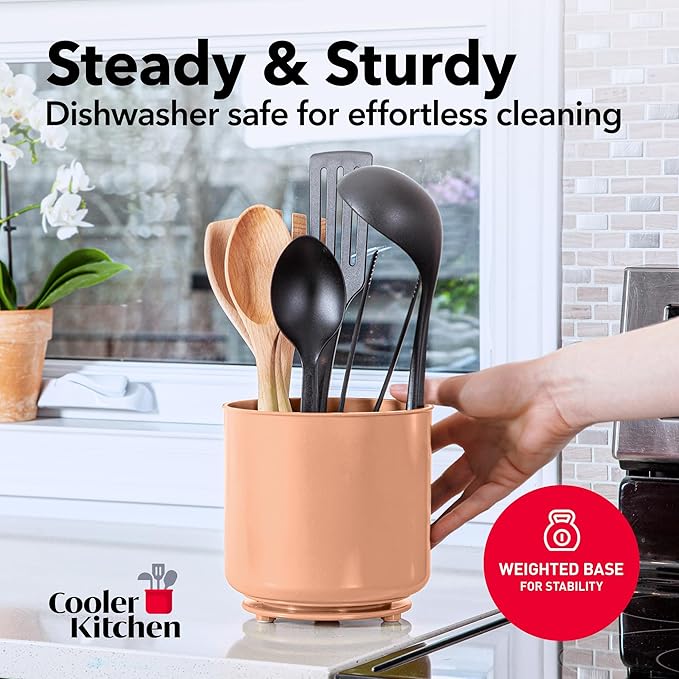 Rotating Extra Large Peach Plastic Utensil Holder Caddy with Sturdy No-Tip Weighted Base, Removable Divider, and Gripped Insert - Dishwasher Safe Kitchen Utensil Holder for Countertop