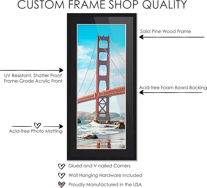 13x39 Frame Black Wood with Black Mat | 16x42 Frame Matted to 13x39 | Display Your Photo Under UV Acrylic Shatter Guard Front, with Foam Board Backing and Wall Hanging Hardware - Wood Frame