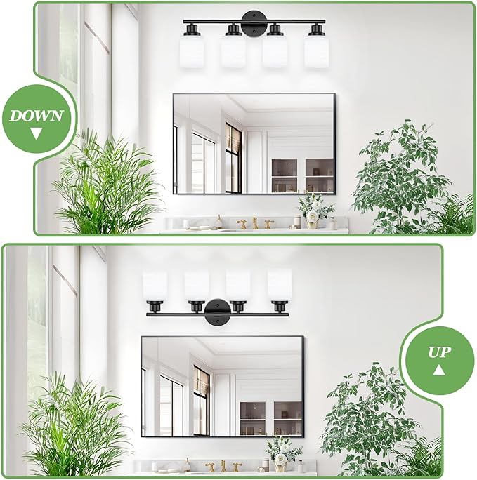 4-Light Matte Black Vanity Lights for Mirror, Bathroom Light Fixtures with Milky White Frosted Striped Glass Shade, Modern Kitchen Light Fixtures Wall Sconce Light - E26 Base