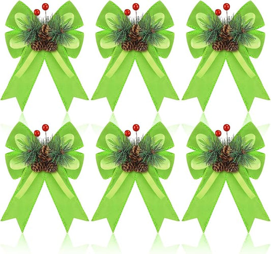 Syhood 6 Pcs Christmas Velvet Bow with Pine Cones Pine Needles Berries Xmas Lime Green Ribbon Bow Ornaments 6.3 x 5.1 Inch for Christmas Tree Wreath Garden Fireplace Crafts DIY Decor