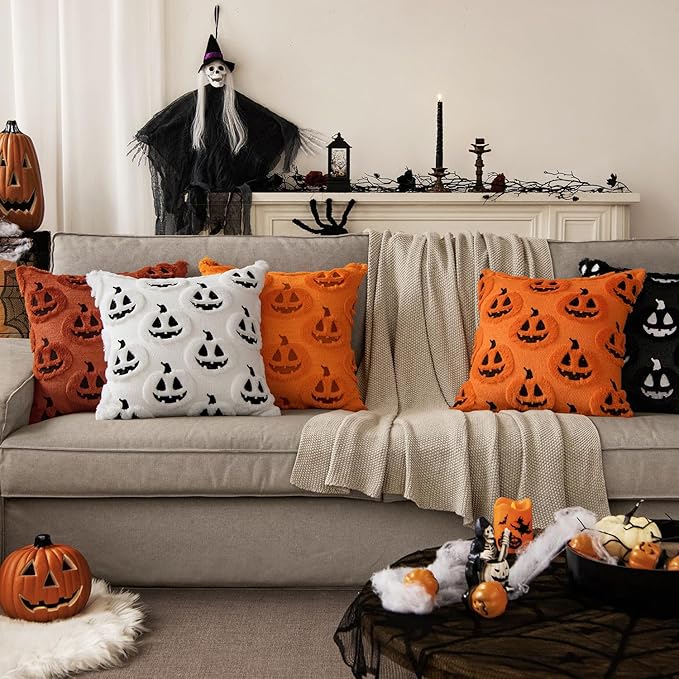 MIULEE Fall Halloween Throw Pillow Covers 20x20 Decorative Pumpkin Pattern Pillowcases Soft Plush Faux Wool Cushions for Home Patio Sofa Couch,Orange-Black