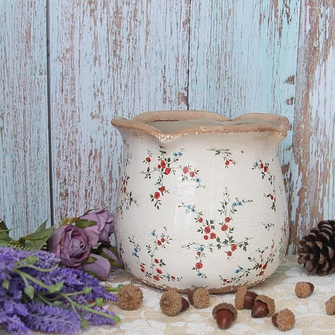 Ceramic Pots for Plants, Vintage Plant Pot with Drainage Hole, 6.11in. Planter for Indoor Plants, Crackle Glaze Finish Flower Pot, Perfect Tuscan Ceramic Planter for Gardening, Small Red Blooms