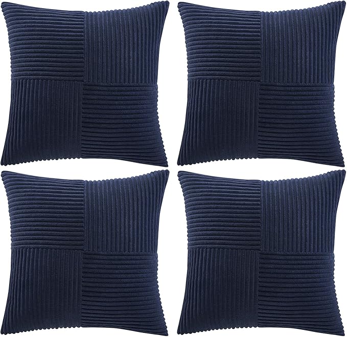 Fancy Homi 4 Packs Navy Blue Decorative Throw Pillow Covers 16x16 Inch for Living Room Couch Bed, Rustic Farmhouse Boho Home Decor, Soft Cross Patchwork Corduroy Textured Square Cushion Case 40x40 cm