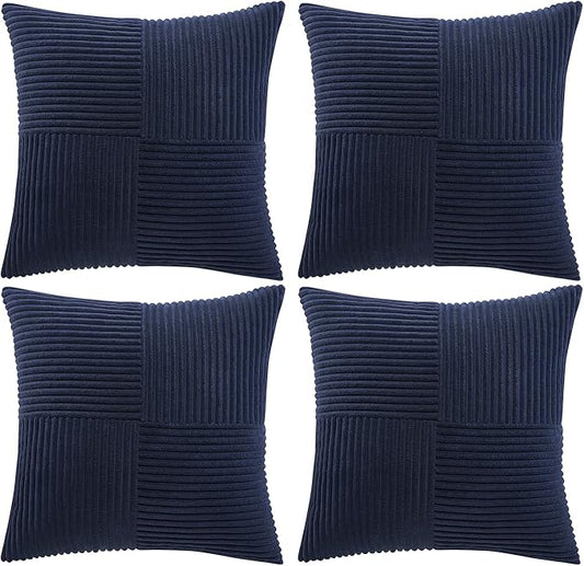 Fancy Homi 4 Packs Navy Blue Decorative Throw Pillow Covers 16x16 Inch for Living Room Couch Bed, Rustic Farmhouse Boho Home Decor, Soft Cross Patchwork Corduroy Textured Square Cushion Case 40x40 cm