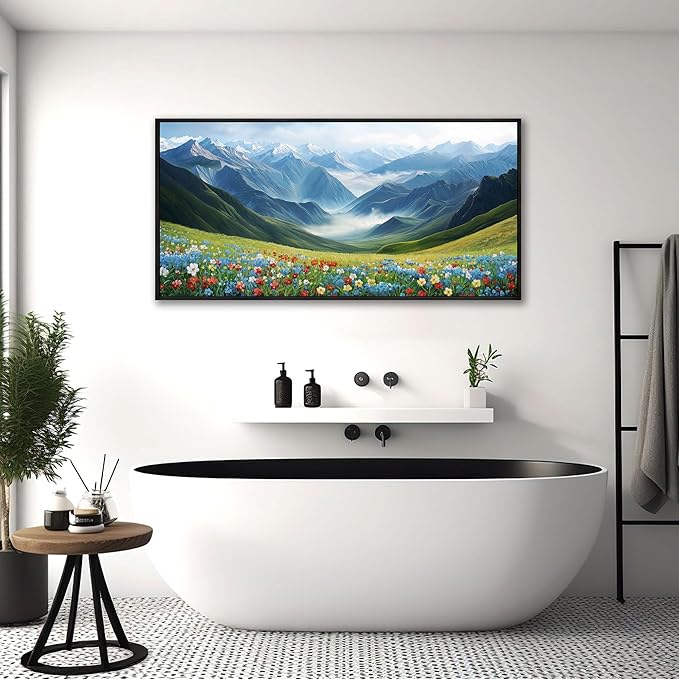 KLAKLA Mountain Wall Art - Large Landscape Living Room Wall Decor Rustic Wild Daisies Misty Forest Snowy Mountains Canvas Picture Framed Artwork for Walls - 40x20 Inches