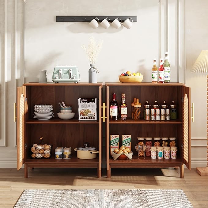 Tribesigns Set of 2 Rattan Sideboard Buffet with Storage, 59 Inch Accent Cabinet with Doors, Storage Cabinet for Dining Room, Living Room, Kitchen, Caramel Brown